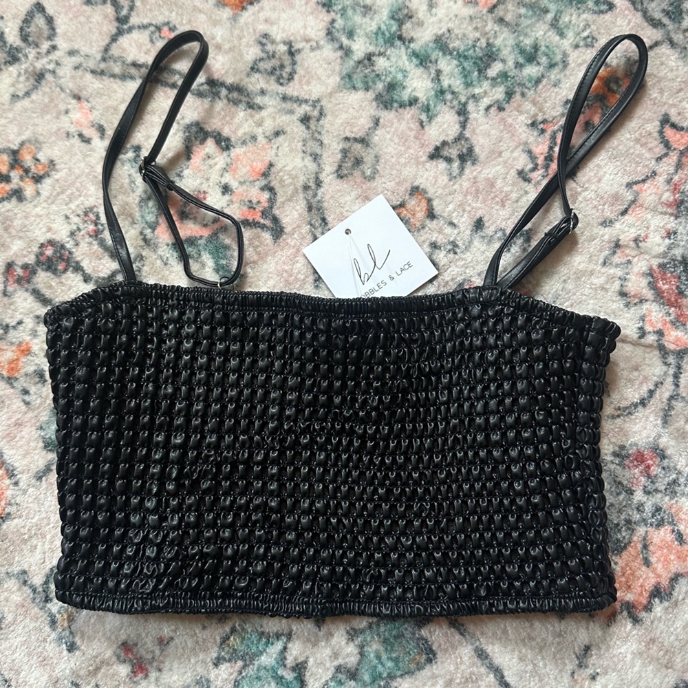 NWT Black Faux Leather “Waffle Knit” Cropped Tank Top